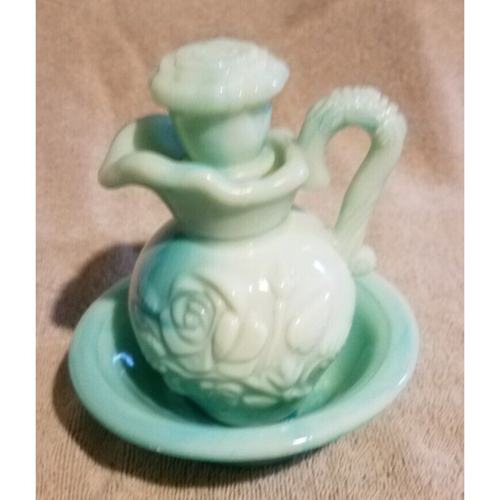 Vintage Avon Jadeite Green‎ Swirl Milk Glass Rose Mini Bowl and Pitcher Set